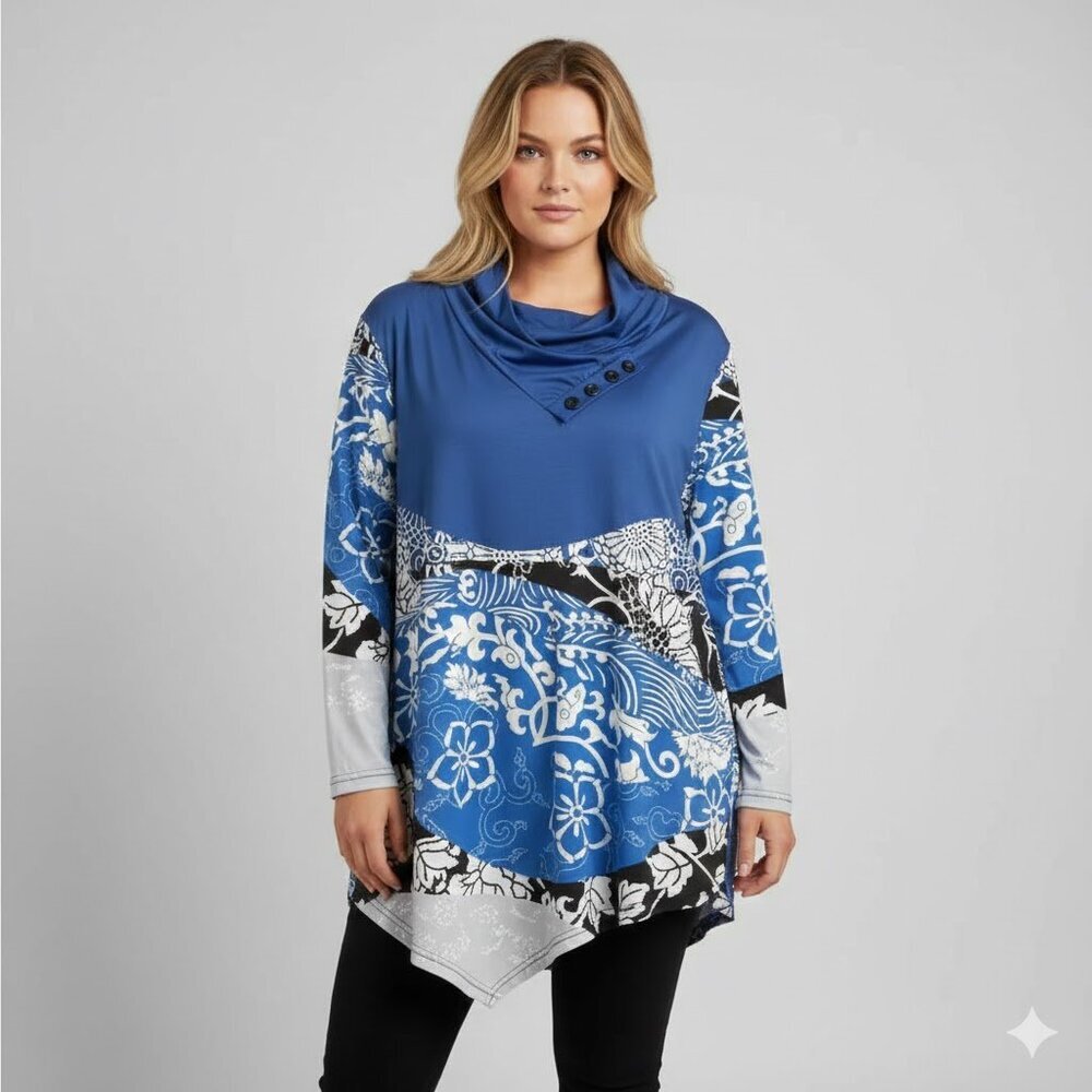 Blue and Black Patterned Tunic with Button Detail